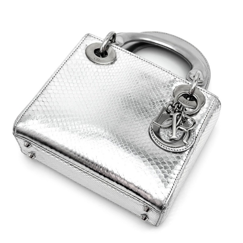 DIOR 銀色鏡面蛇皮三格黛妃手提肩背包17*15*7 98新配件塵袋 保卡-4