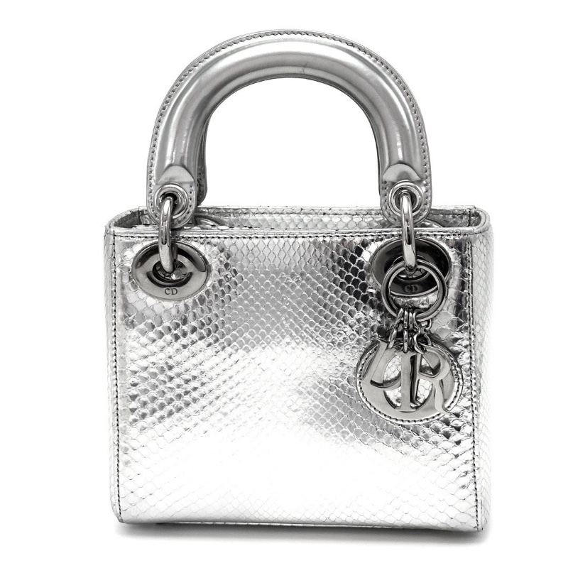 DIOR 銀色鏡面蛇皮三格黛妃手提肩背包17*15*7 98新配件塵袋 保卡-5