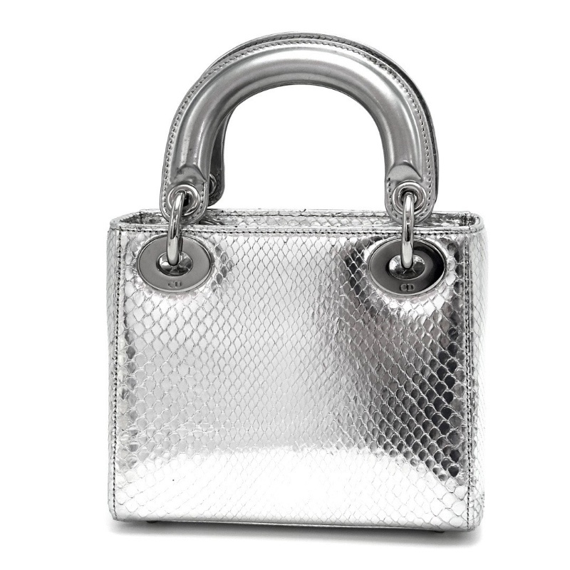 DIOR 銀色鏡面蛇皮三格黛妃手提肩背包17*15*7 98新配件塵袋 保卡-6