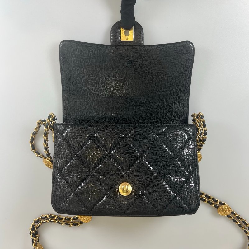 CHANEL CF20金幣牛皮側肩包 黑荔枝/晶片款-5