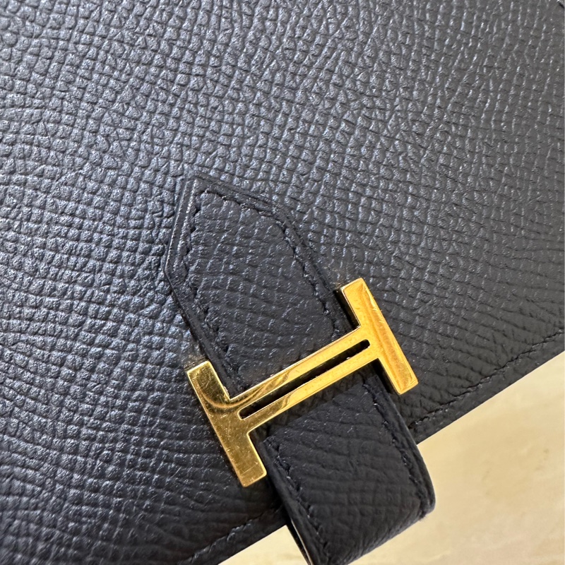 Hermes 89 Nior黑色Epson皮金釦內4卡零錢袋Bearn短夾-6