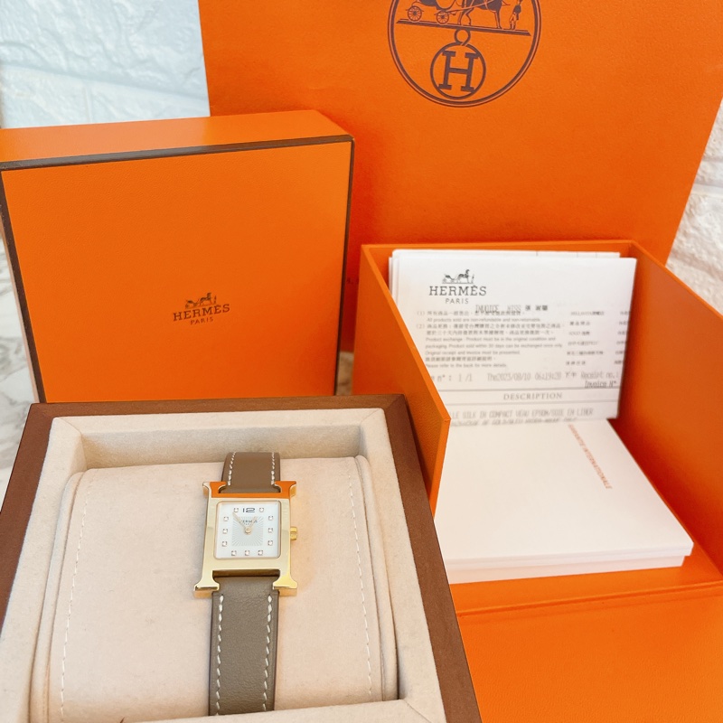 近新全配珍稀款附購證✨愛馬仕Hermes H hour玫瑰金大象灰11鑽錶腕錶-2