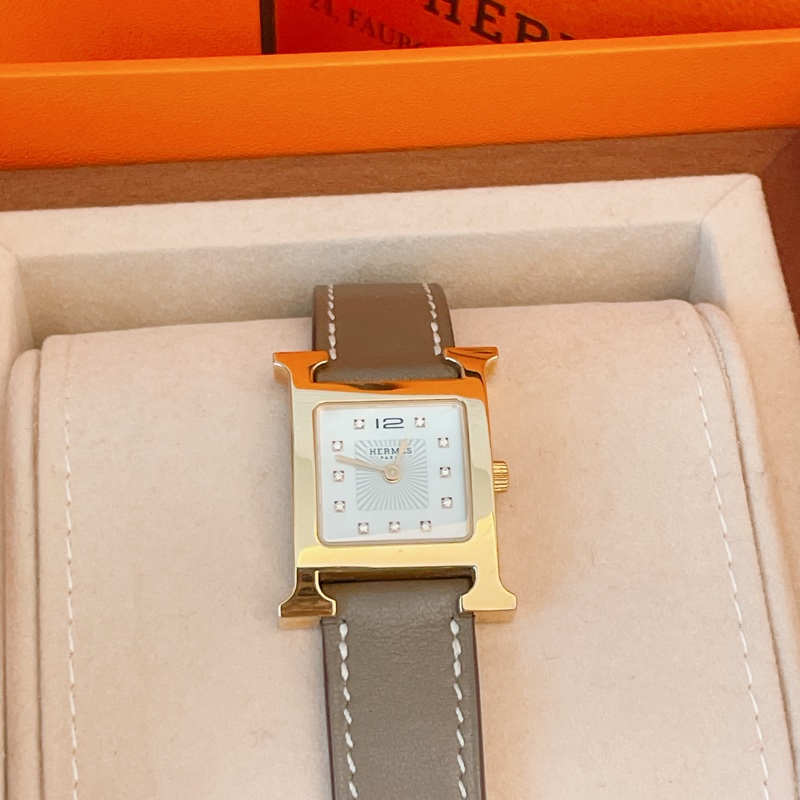 近新全配珍稀款附購證✨愛馬仕Hermes H hour玫瑰金大象灰11鑽錶腕錶-3