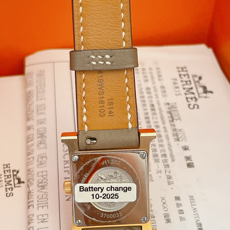 近新全配珍稀款附購證✨愛馬仕Hermes H hour玫瑰金大象灰11鑽錶腕錶-4