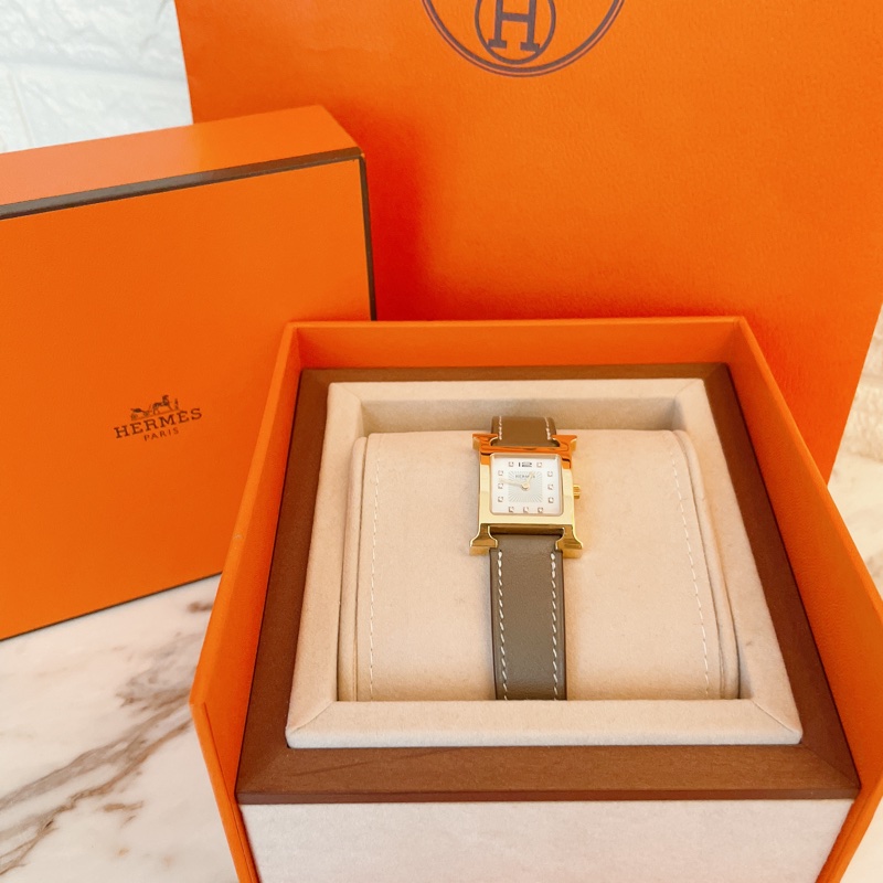 近新全配珍稀款附購證✨愛馬仕Hermes H hour玫瑰金大象灰11鑽錶腕錶-7