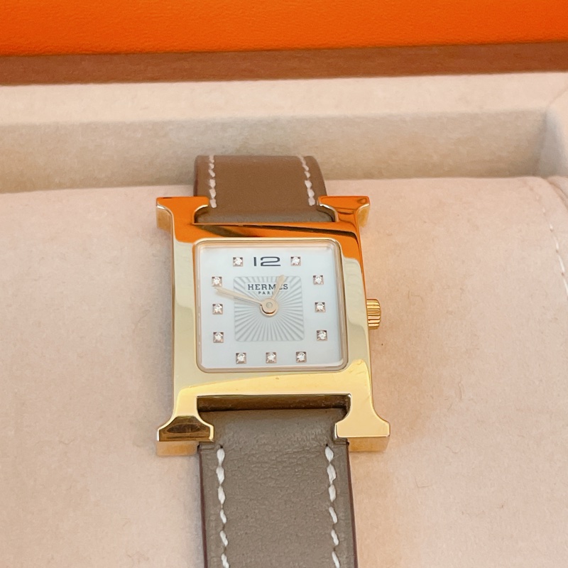近新全配珍稀款附購證✨愛馬仕Hermes H hour玫瑰金大象灰11鑽錶腕錶-8