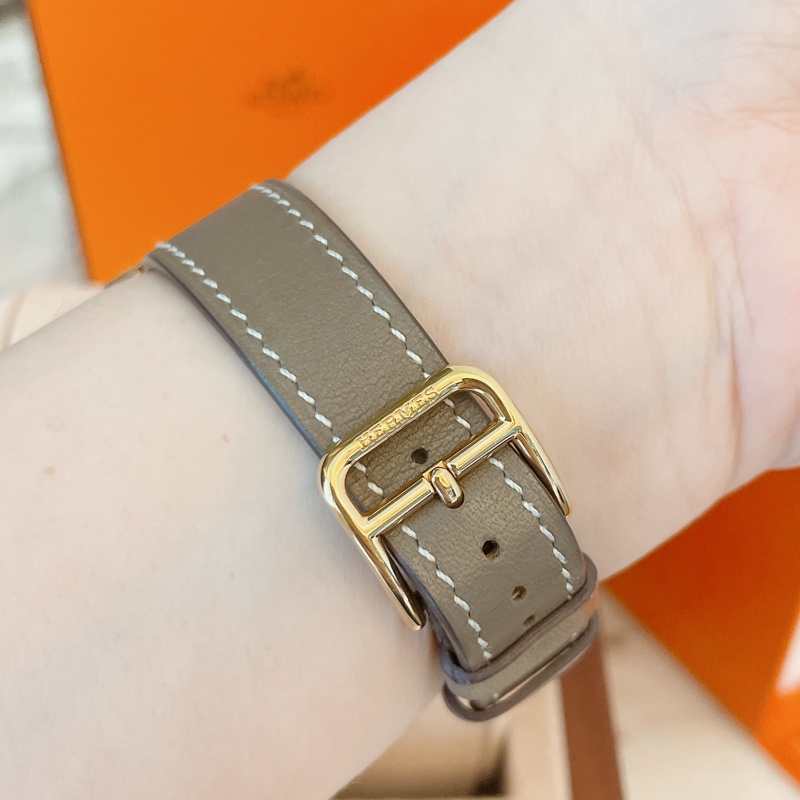 近新全配珍稀款附購證✨愛馬仕Hermes H hour玫瑰金大象灰11鑽錶腕錶-10