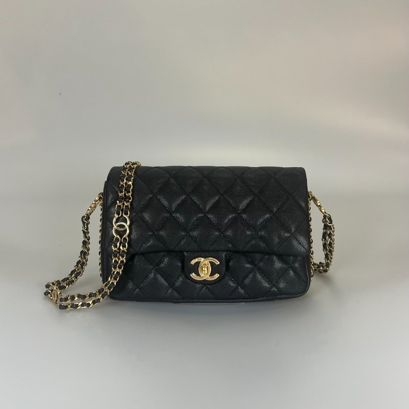 CHANEL 黑荔枝皮雙C鍊背帶側肩包 AS3777/晶片款-0