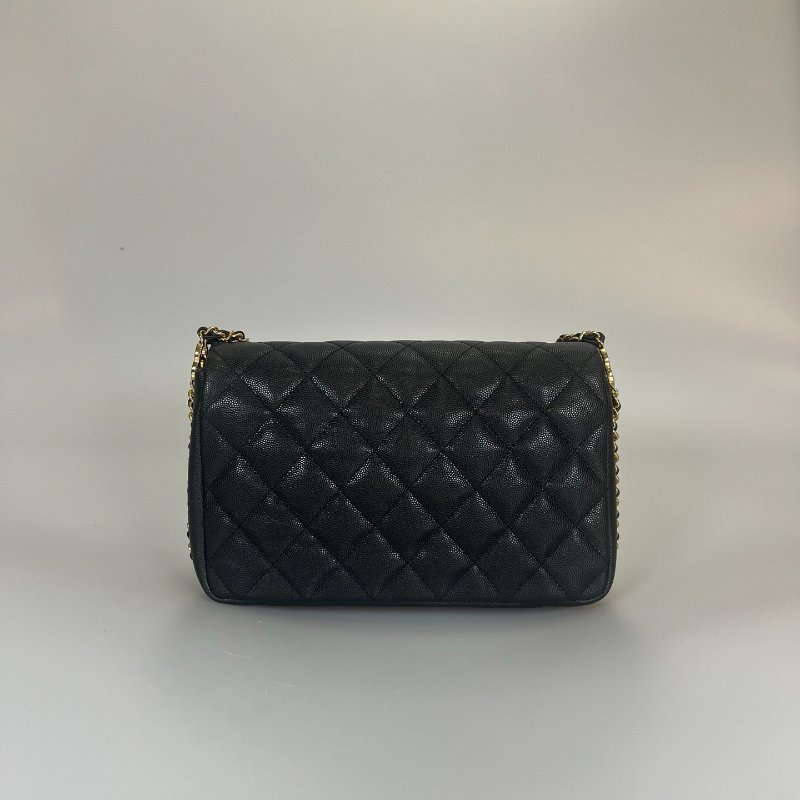 CHANEL 黑荔枝皮雙C鍊背帶側肩包 AS3777/晶片款-1