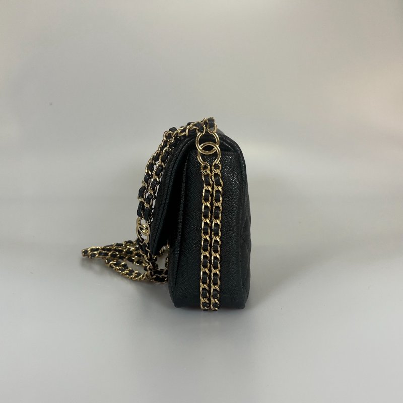 CHANEL 黑荔枝皮雙C鍊背帶側肩包 AS3777/晶片款-2