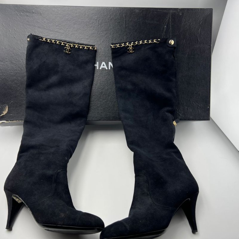 CHANEL 麂皮鍊條高筒靴-0