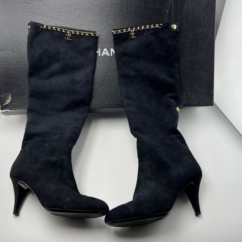 CHANEL 麂皮鍊條高筒靴-7