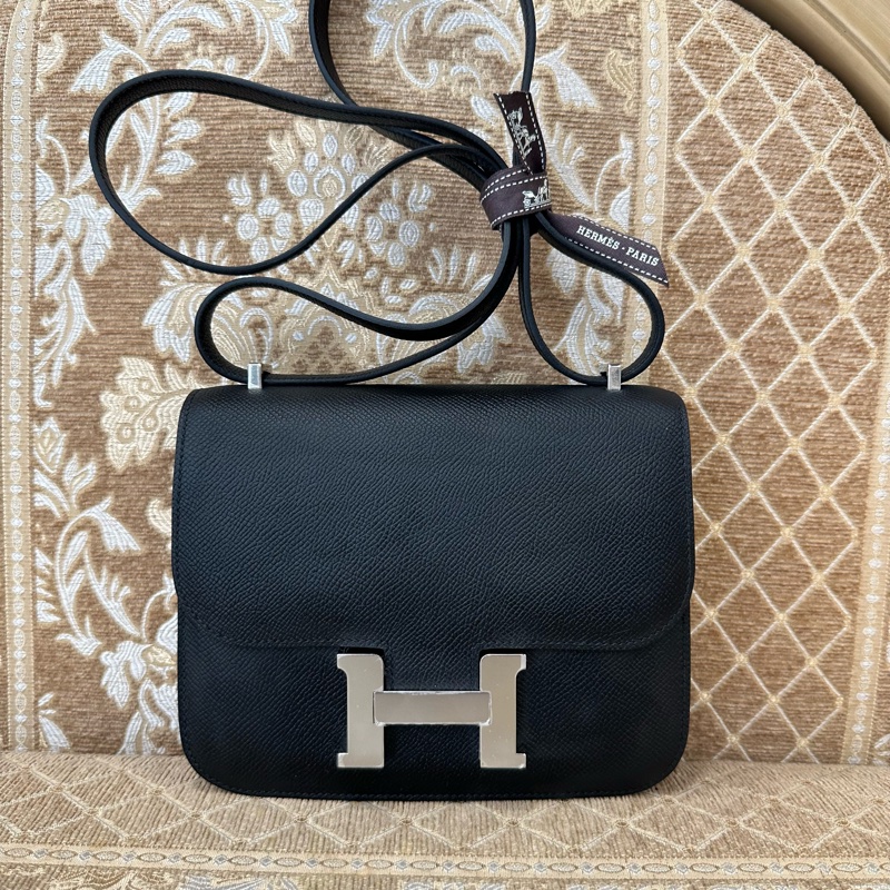 Hermes 89黑Epsom銀釦Constance III Mini肩斜背包 H083905-0