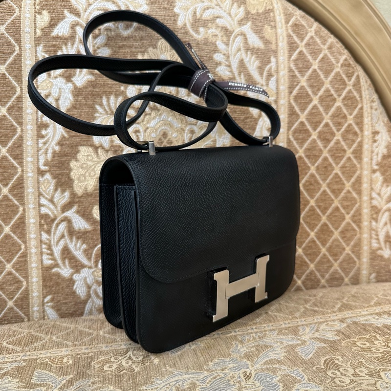 Hermes 89黑Epsom銀釦Constance III Mini肩斜背包 H083905-2