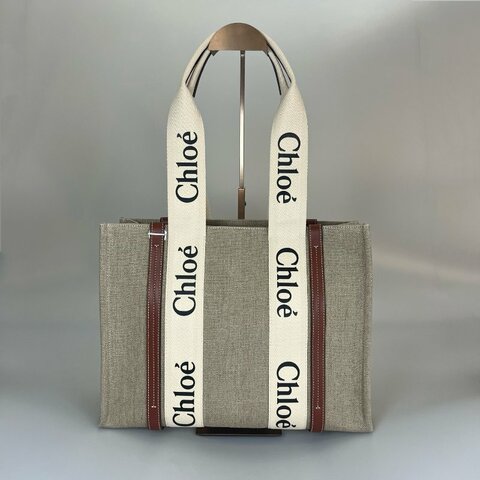 全新品 CHLOE 帆布拚棕色WOODY 托特包