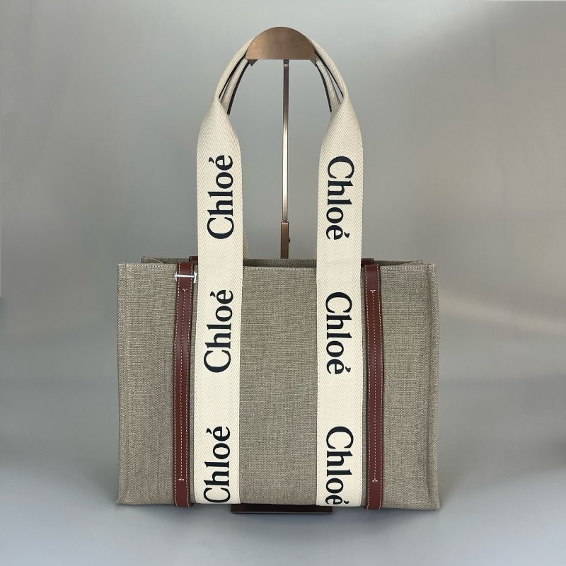 全新品 CHLOE 帆布拚棕色WOODY 托特包-0