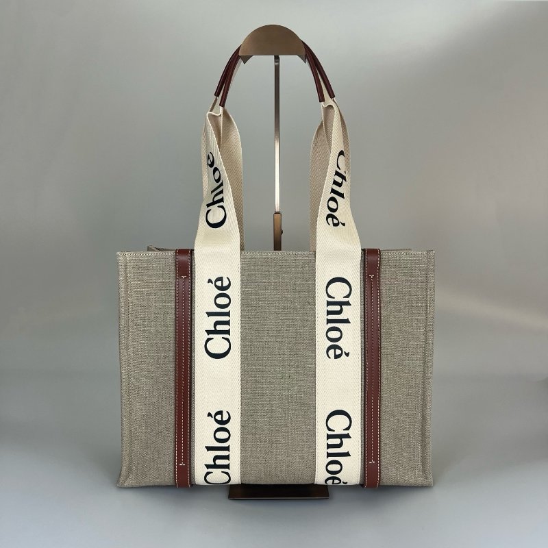 全新品 CHLOE 帆布拚棕色WOODY 托特包-1