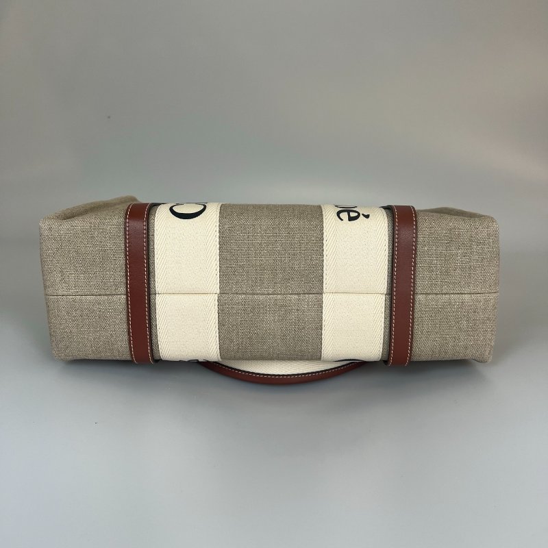 全新品 CHLOE 帆布拚棕色WOODY 托特包-4