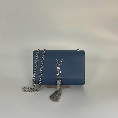 YSL 藍色銀扣流蘇KATE斜背包