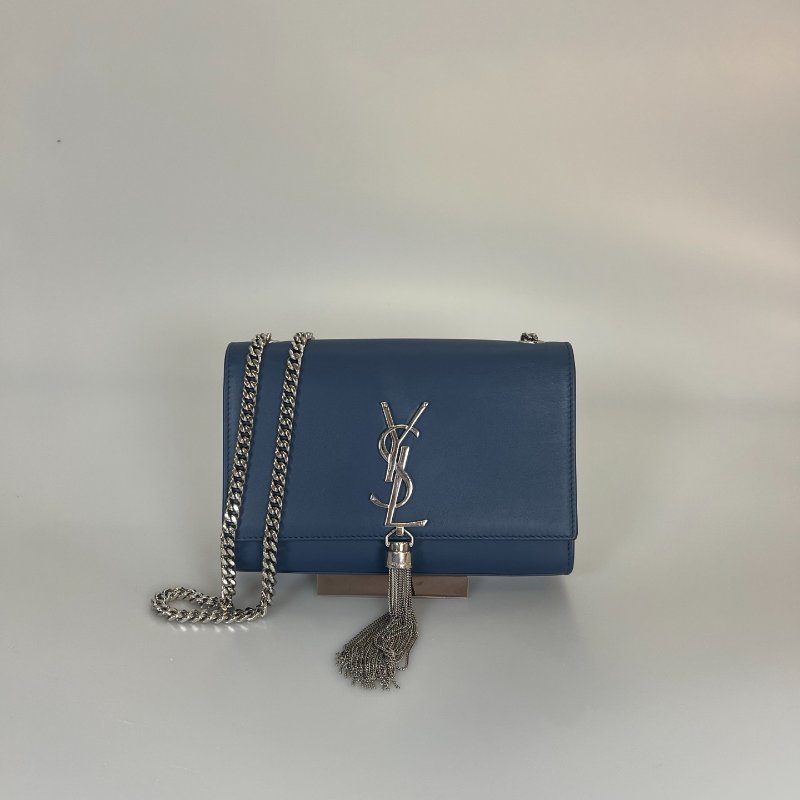 YSL 藍色銀扣流蘇KATE斜背包-0