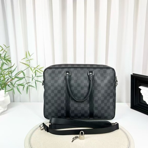 LV 96新 黑灰棋盤格手提公文包 時尚型男必備37×27x6cm