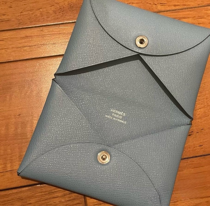 閒置成色 愛馬仕 Hermès Calvi 卡夾 藍灰色 Epsom 皮革 銀扣 有盒-2