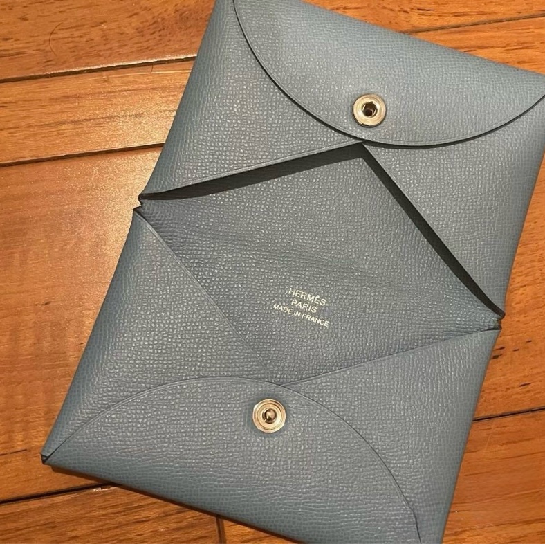 閒置成色 愛馬仕 Hermès Calvi 卡夾 藍灰色 Epsom 皮革 銀扣 有盒-4