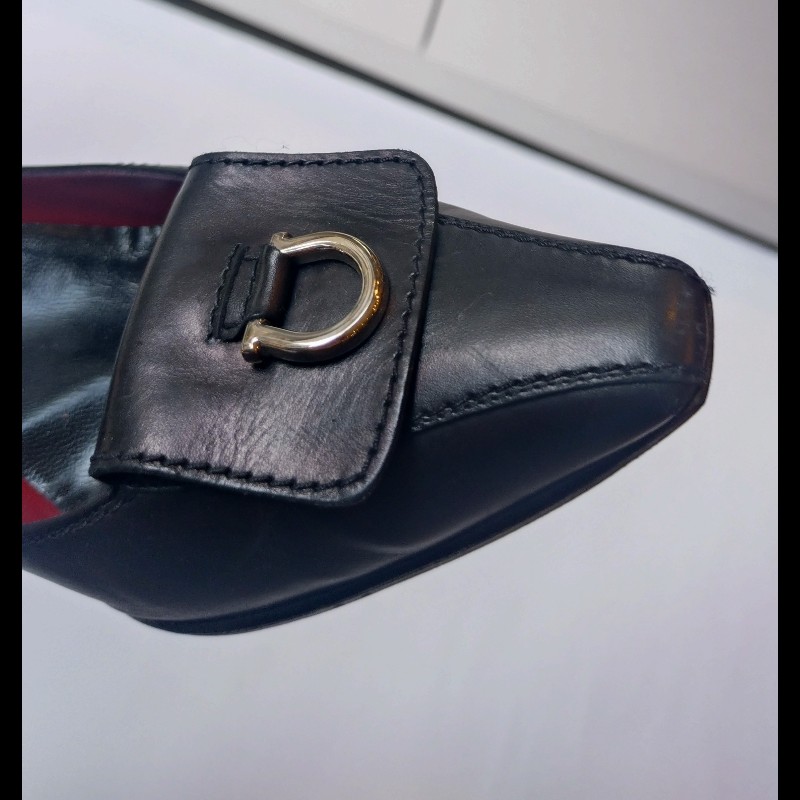 Ferragamo 銀釦頭黑皮高跟女鞋-7