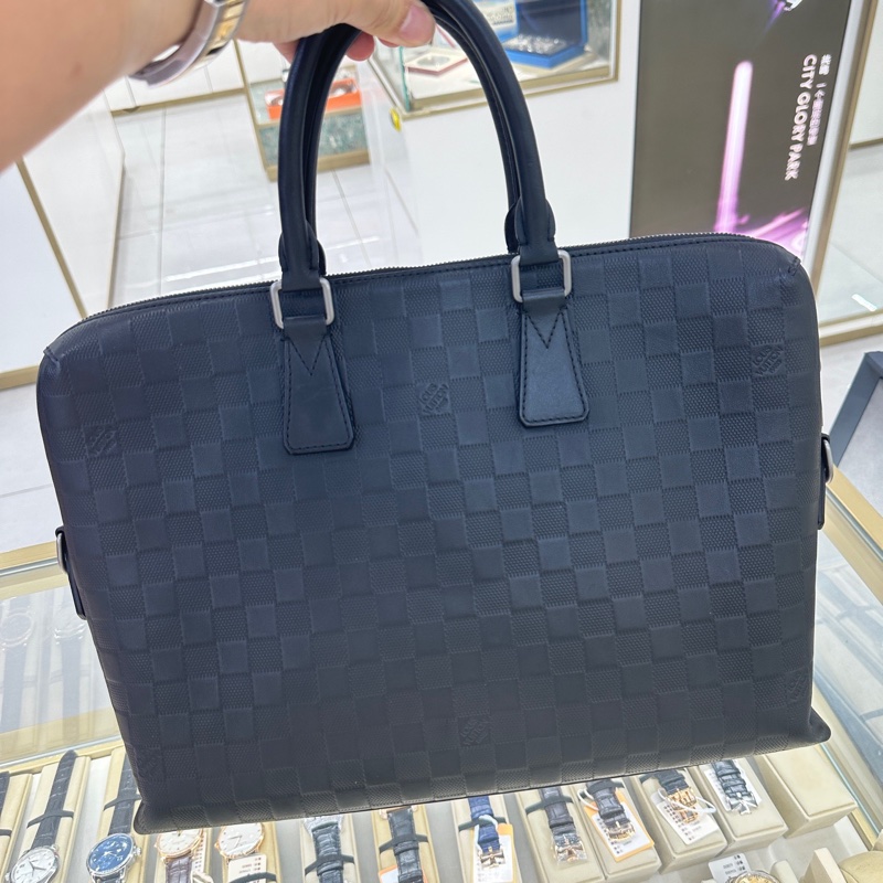 LV路易威登 男士 黑棋盤格全皮公文包 ，97新-0