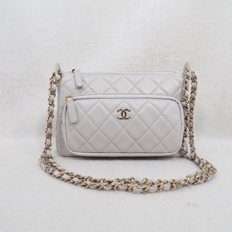 Chanel 25C Purse with chain 香奈兒淺灰色鏈條單肩包斜挎包相機包郵差包-0