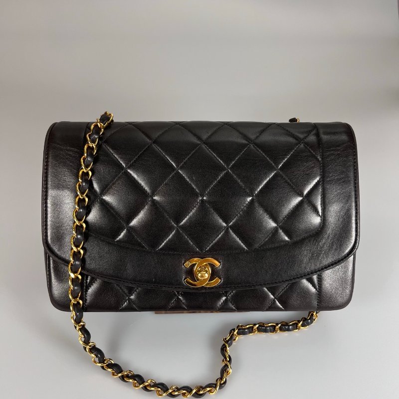 CHANEL  黛妃包25 羊皮黑金 3開-0