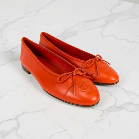 莉亞精品♡Chanel 橘紅蝴蝶結娃娃鞋 尺碼38 近新閒置