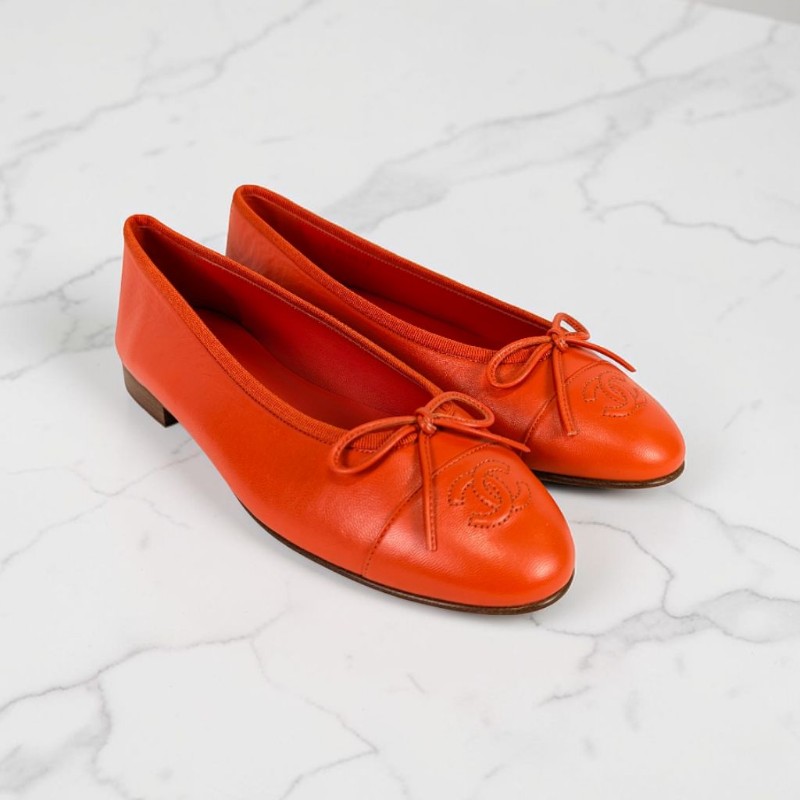 莉亞精品♡Chanel 橘紅蝴蝶結娃娃鞋 尺碼38 近新閒置-0