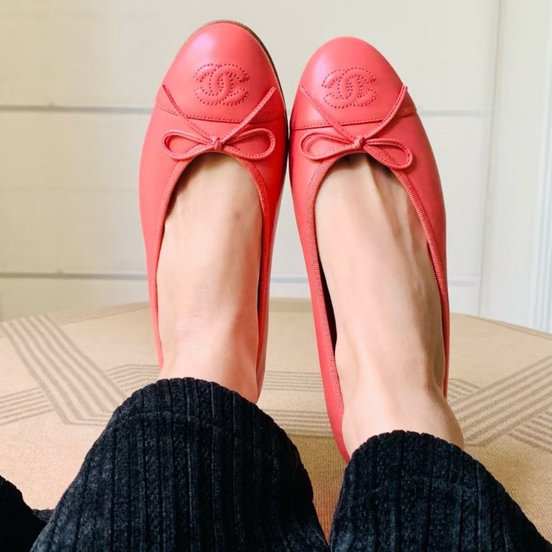 莉亞精品♡Chanel 橘紅蝴蝶結娃娃鞋 尺碼38 近新閒置-1