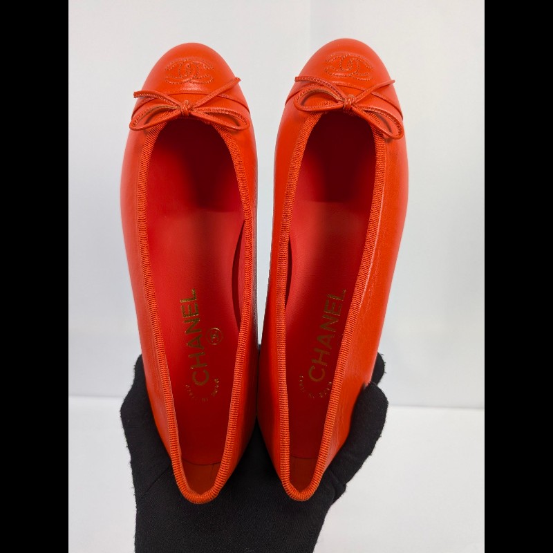 莉亞精品♡Chanel 橘紅蝴蝶結娃娃鞋 尺碼38 近新閒置-3