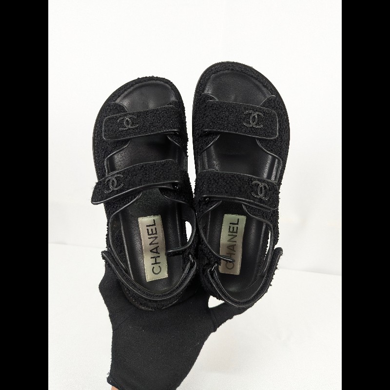 莉亞精品♡Chanel 毛呢魔鬼氈涼拖鞋 尺碼37.5 二手美鞋-1