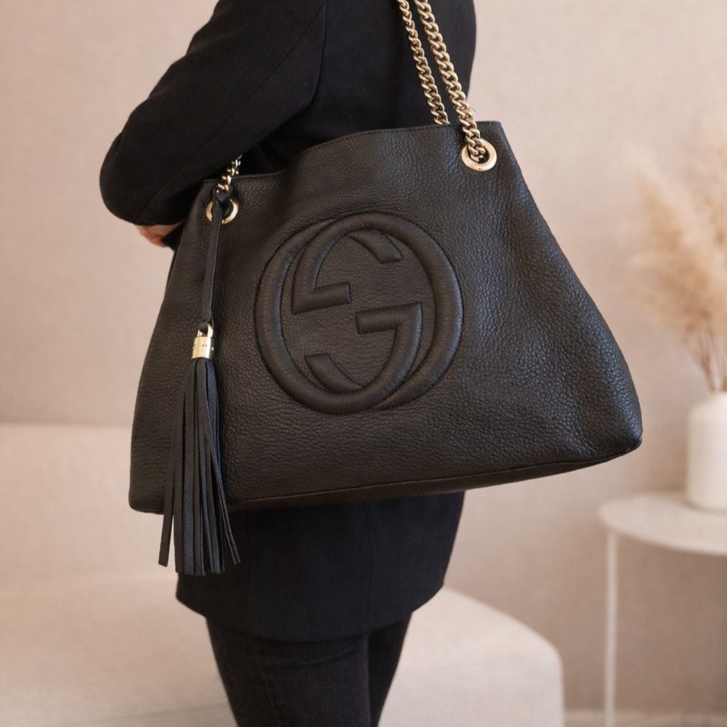 🎊逛街必背 GUCCI 黑色超軟皮革SOHO肩背包-0
