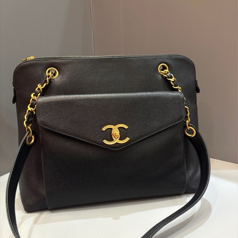Chanel 黑金荔枝皮肩背購物托特包vintage