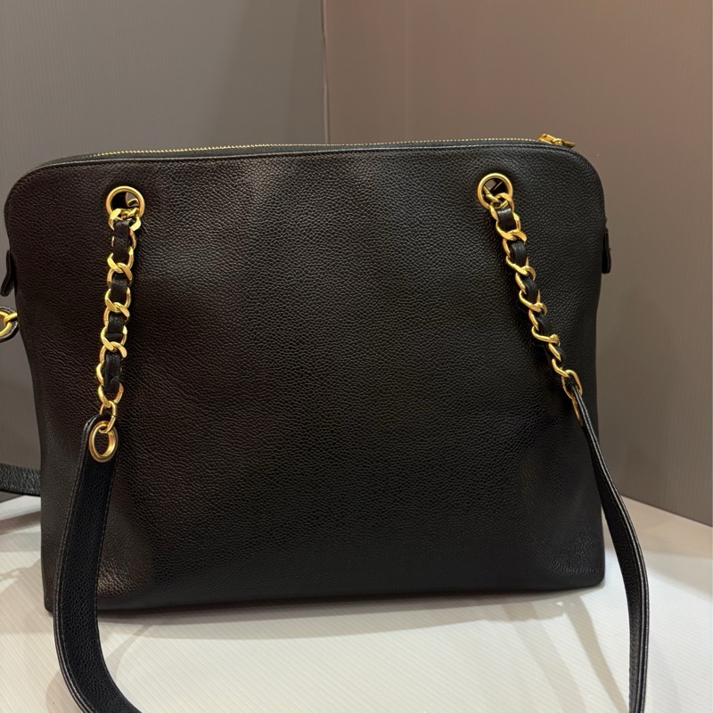 Chanel 黑金荔枝皮肩背購物托特包vintage-1