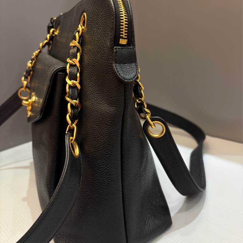 Chanel 黑金荔枝皮肩背購物托特包vintage-2