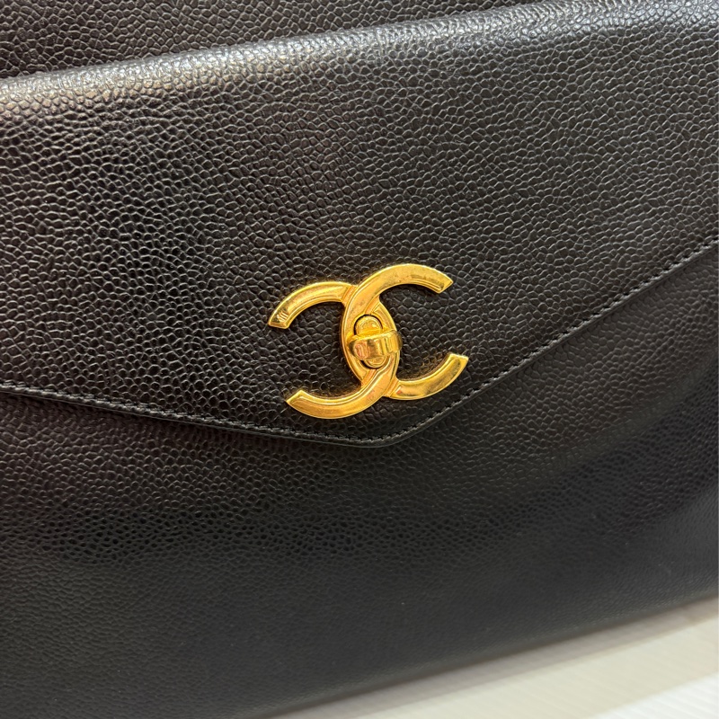 Chanel 黑金荔枝皮肩背購物托特包vintage-3