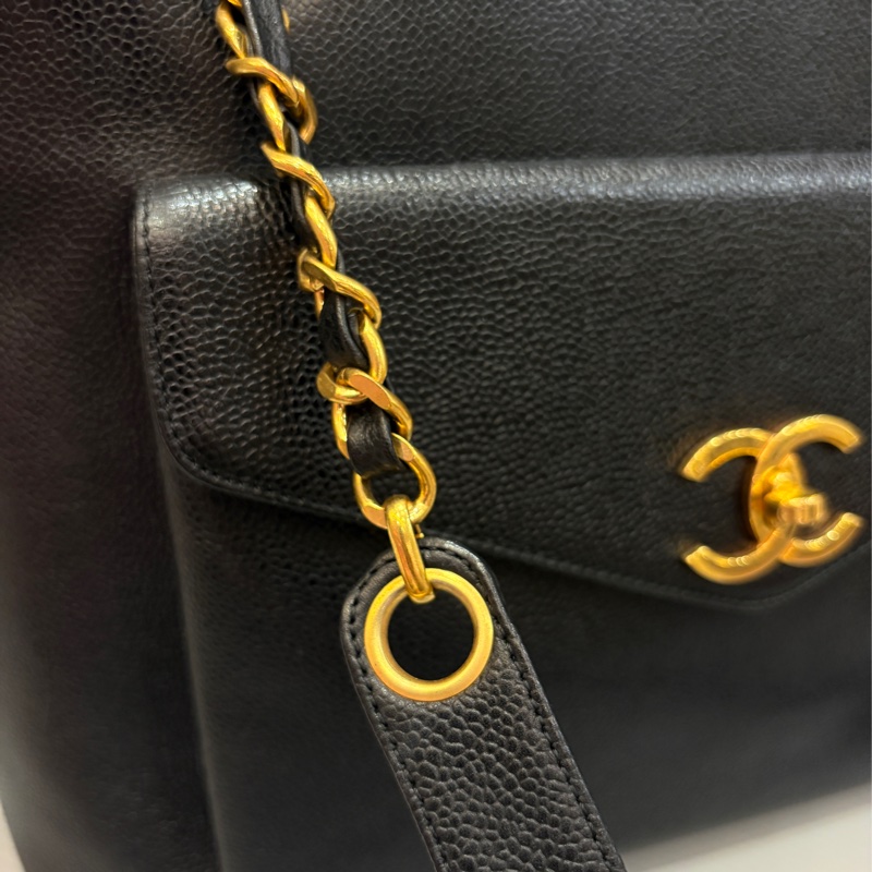 Chanel 黑金荔枝皮肩背購物托特包vintage-4