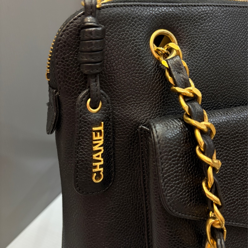 Chanel 黑金荔枝皮肩背購物托特包vintage-6