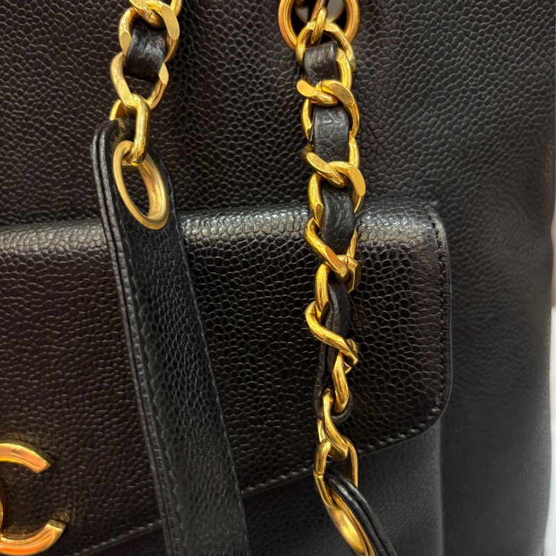 Chanel 黑金荔枝皮肩背購物托特包vintage-18