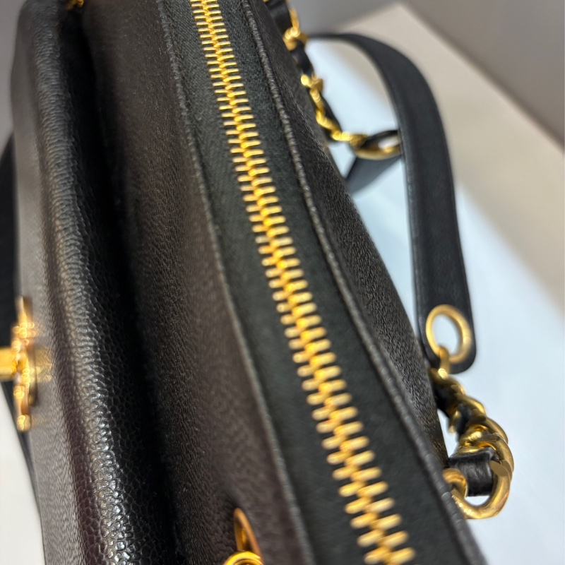 Chanel 黑金荔枝皮肩背購物托特包vintage-19