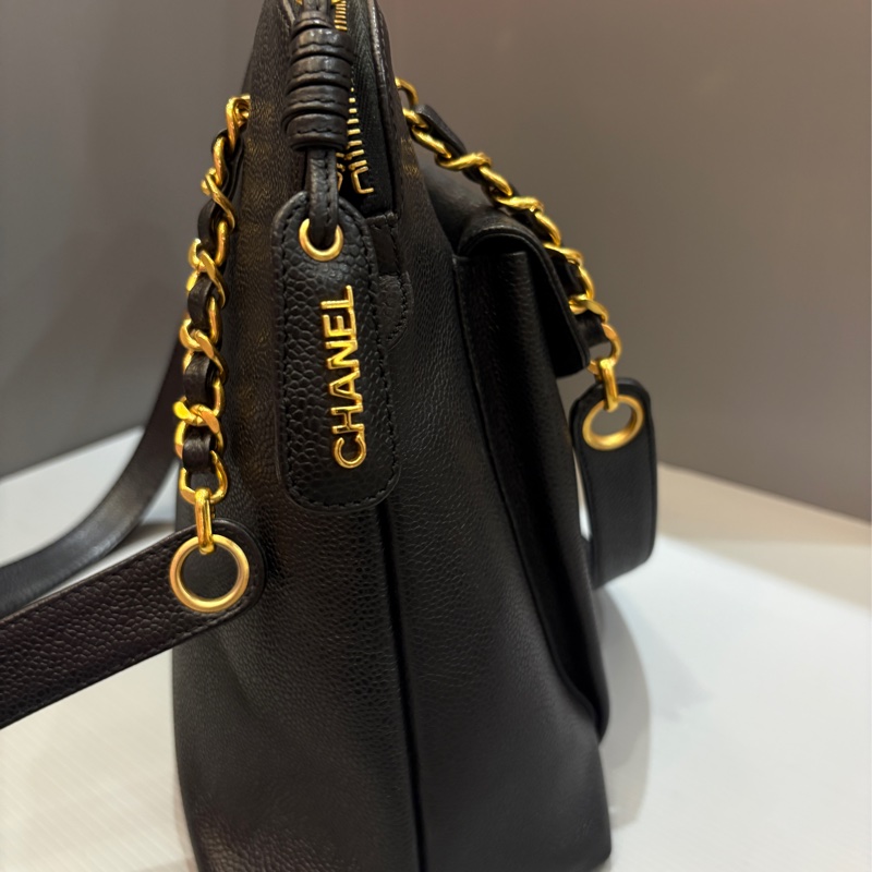 Chanel 黑金荔枝皮肩背購物托特包vintage-24