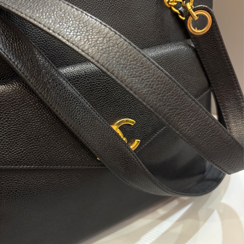 Chanel 黑金荔枝皮肩背購物托特包vintage-25