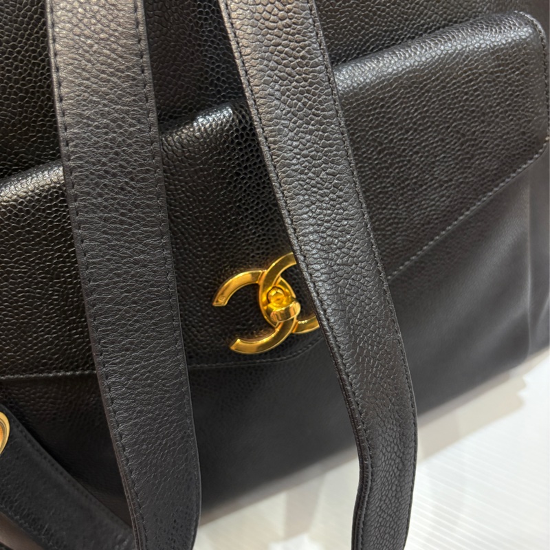 Chanel 黑金荔枝皮肩背購物托特包vintage-26