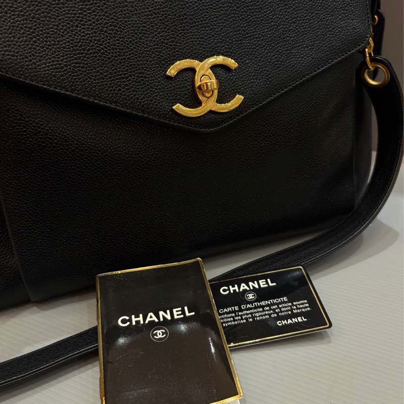 Chanel 黑金荔枝皮肩背購物托特包vintage-27