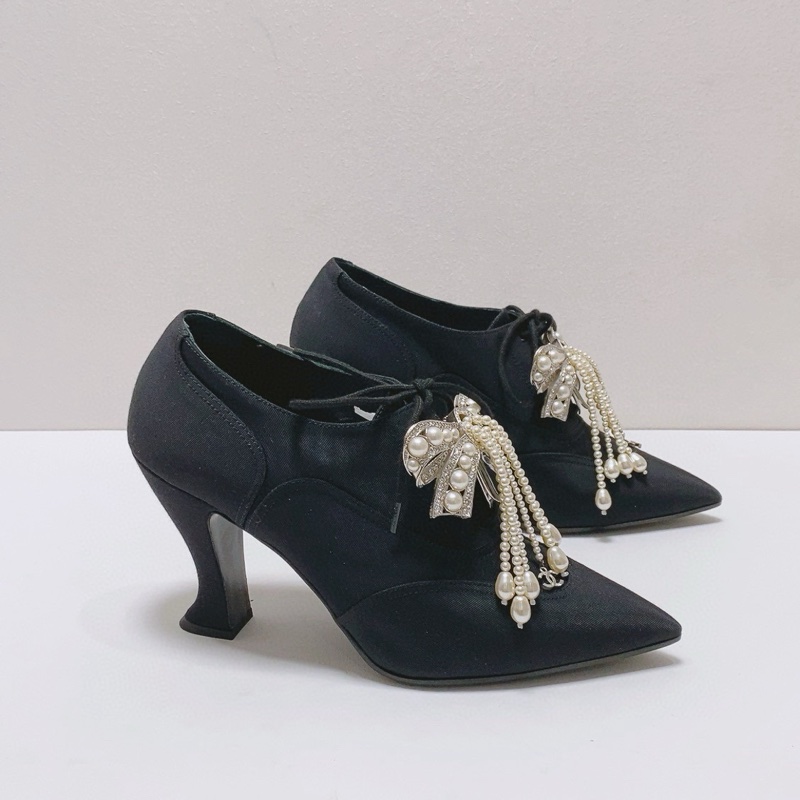 99新Chanel香奈兒黑色珍珠蝴蝶結女士高跟鞋37碼，無附件-0